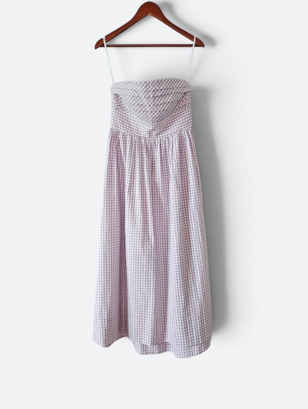 Cartolina Chalmers Strapless Seersucker Midi Dress Wisteria Lavender Gingham M - Picture 3 of 11